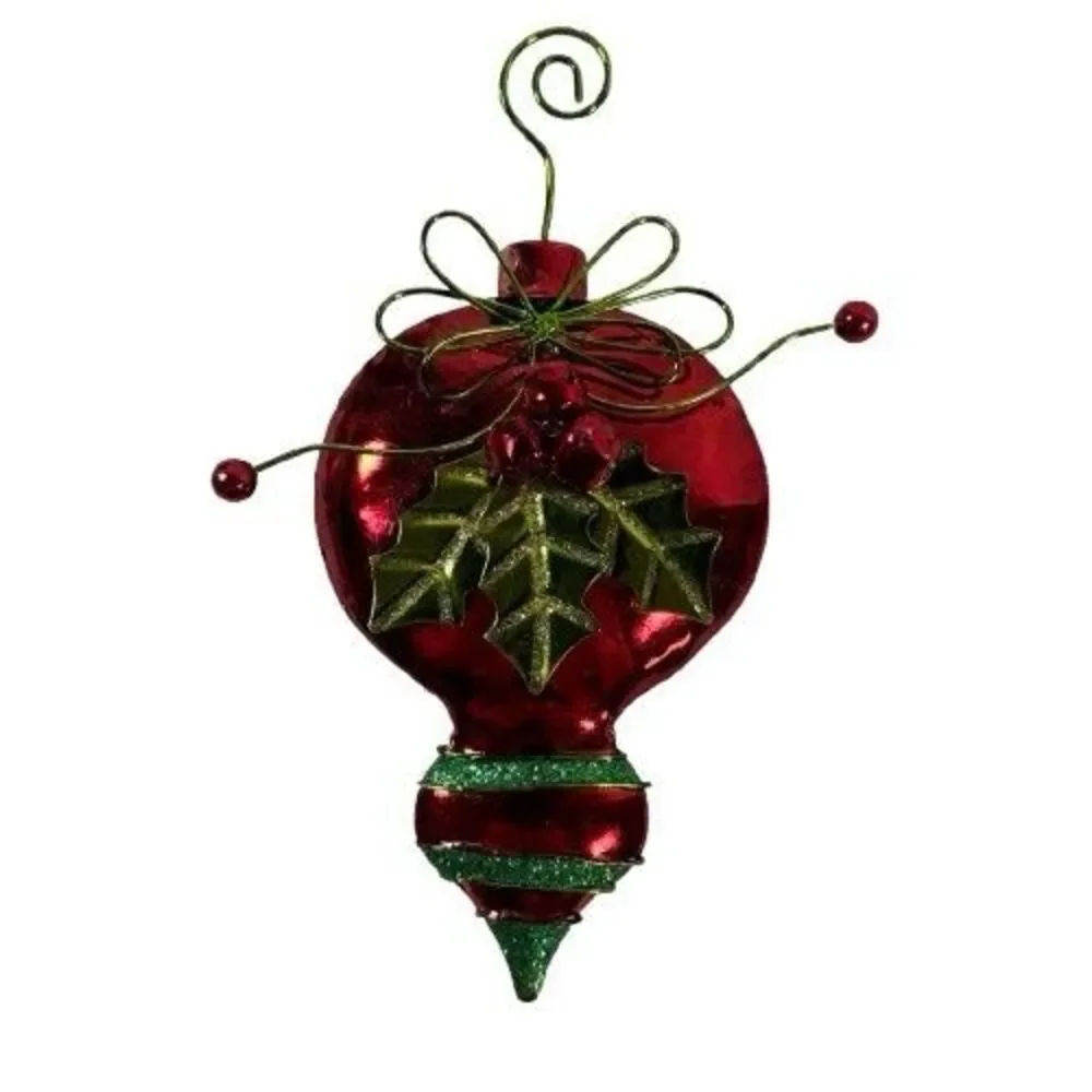 2 Large Vintage Metal Red & Green Christmas Ornaments Holly Berry w/Bells & Hook